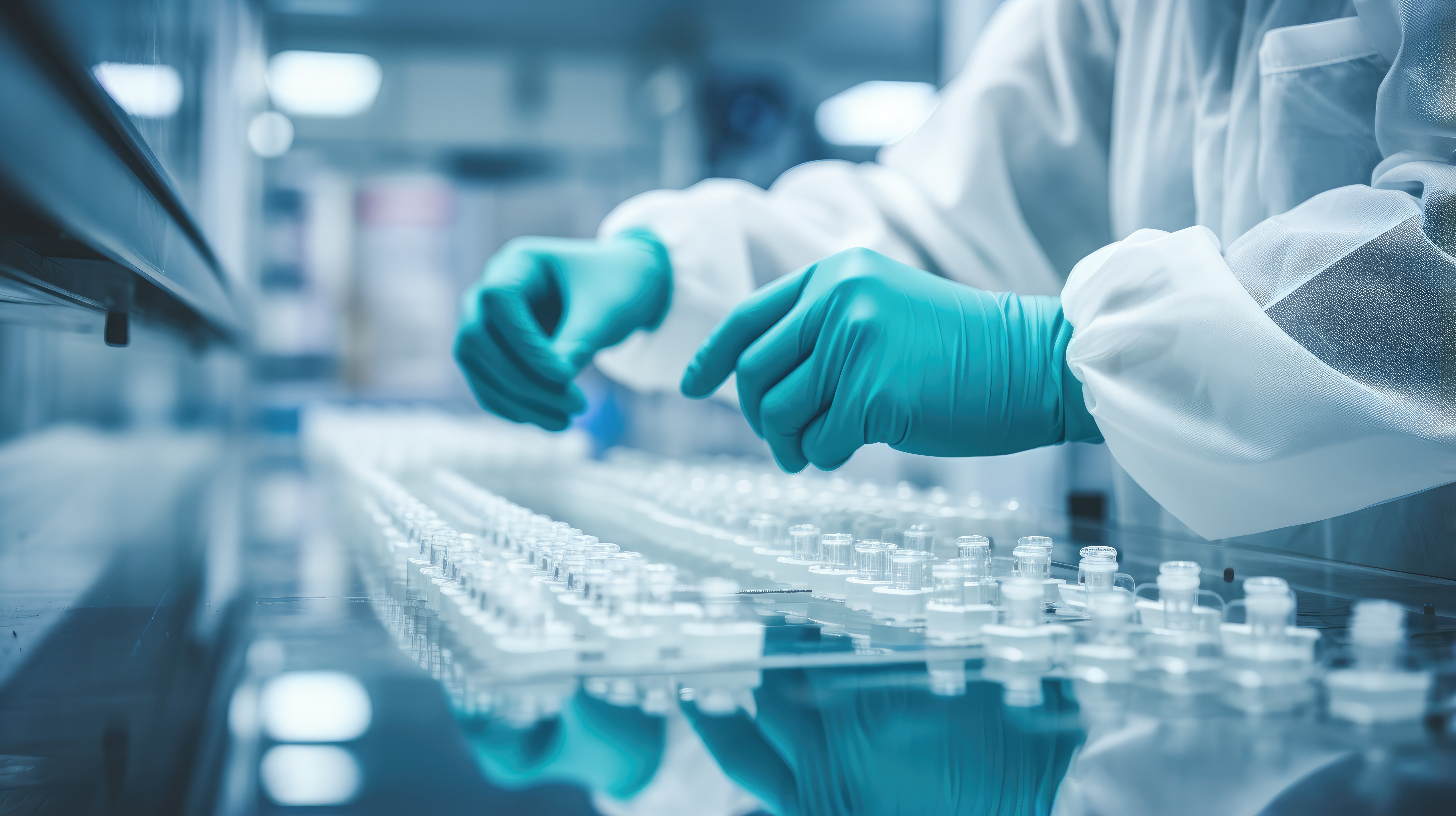 painstaking process of pharmaceutical manufacturing with a striking image of a gloved hand carefully inspecting medical vials on the assembly line of a modern pharmaceutical factory.?